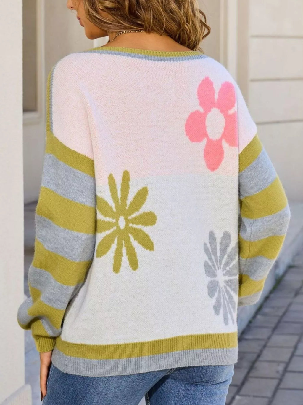 Floral Striped Sleeve Round Neck Sweater