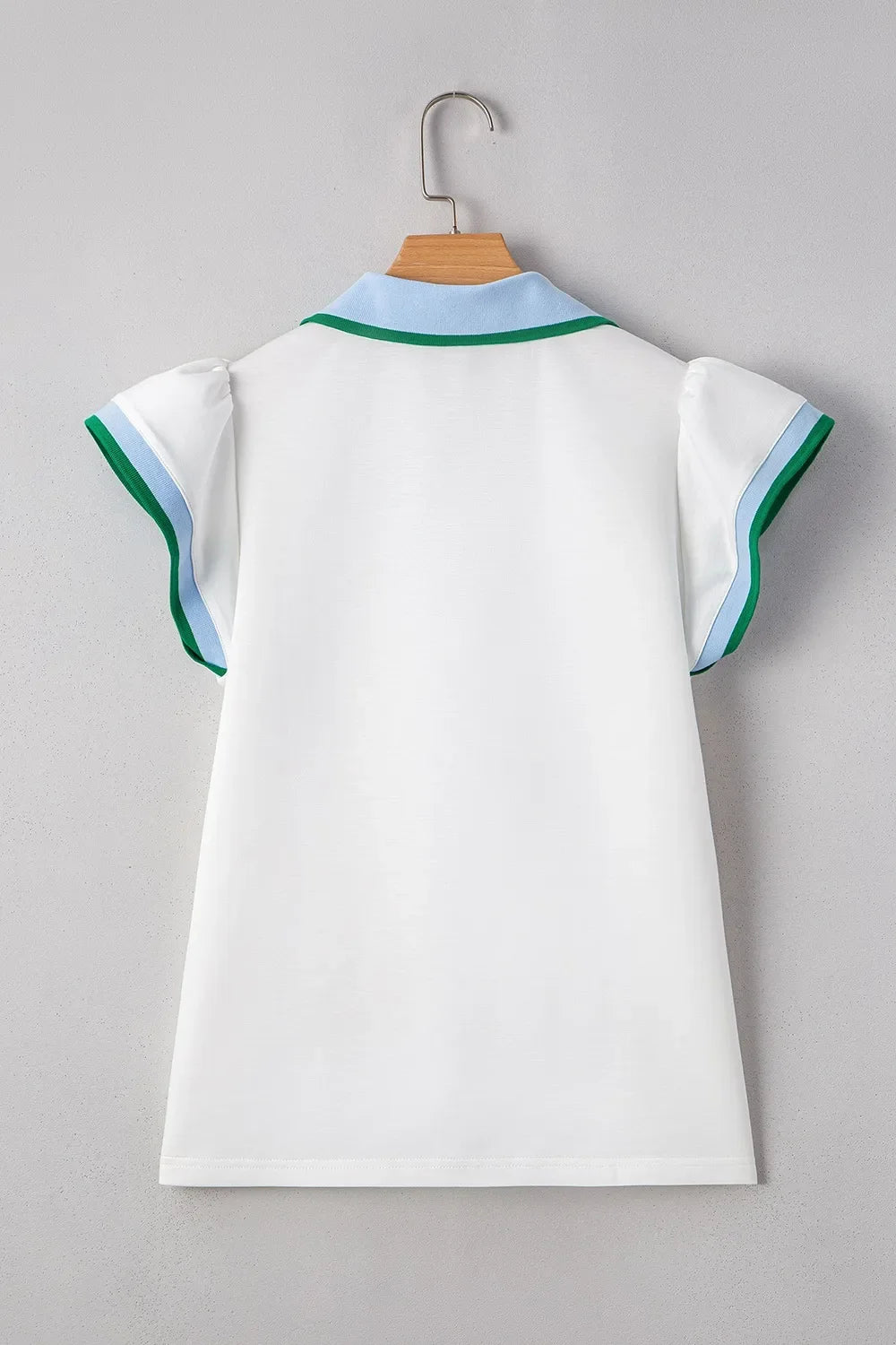 Contrast Ruffled Sleeve Collared V Neck Blouse