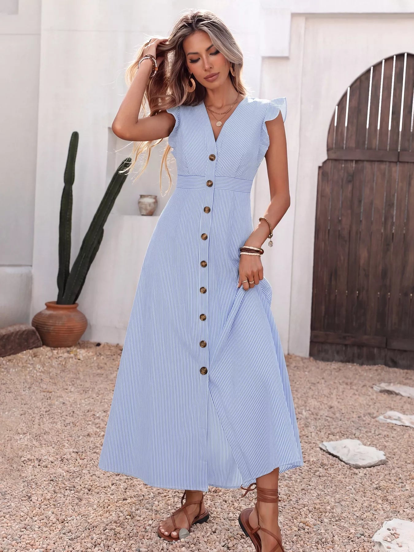 Ruffle Sleeve Button Front Midi Dress