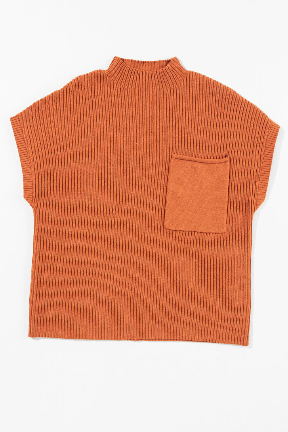 Solid Ribbed Knit Patch Pocket Short Sleeve Sweater