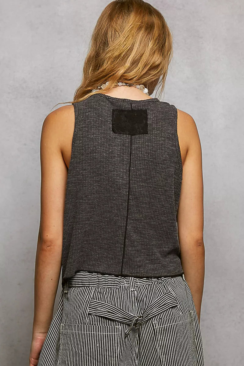 POL Ribbed Round Neck Cropped Tank with Lace Detail