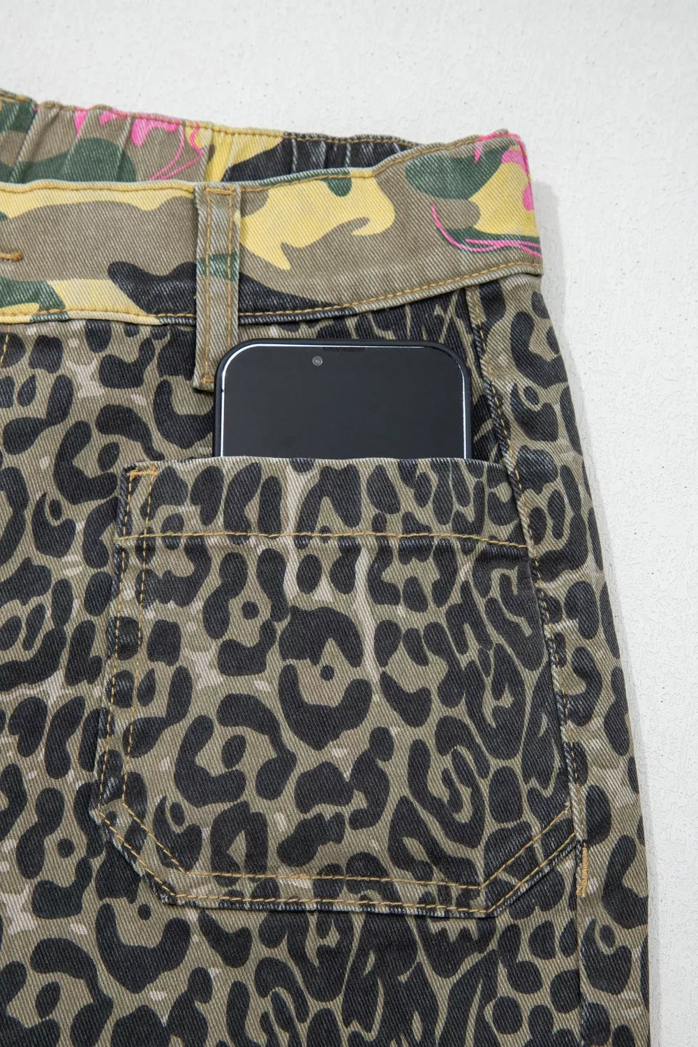 Multicolour Retro Floral Leopard Contrast Patchwork Raw Hem Jeans