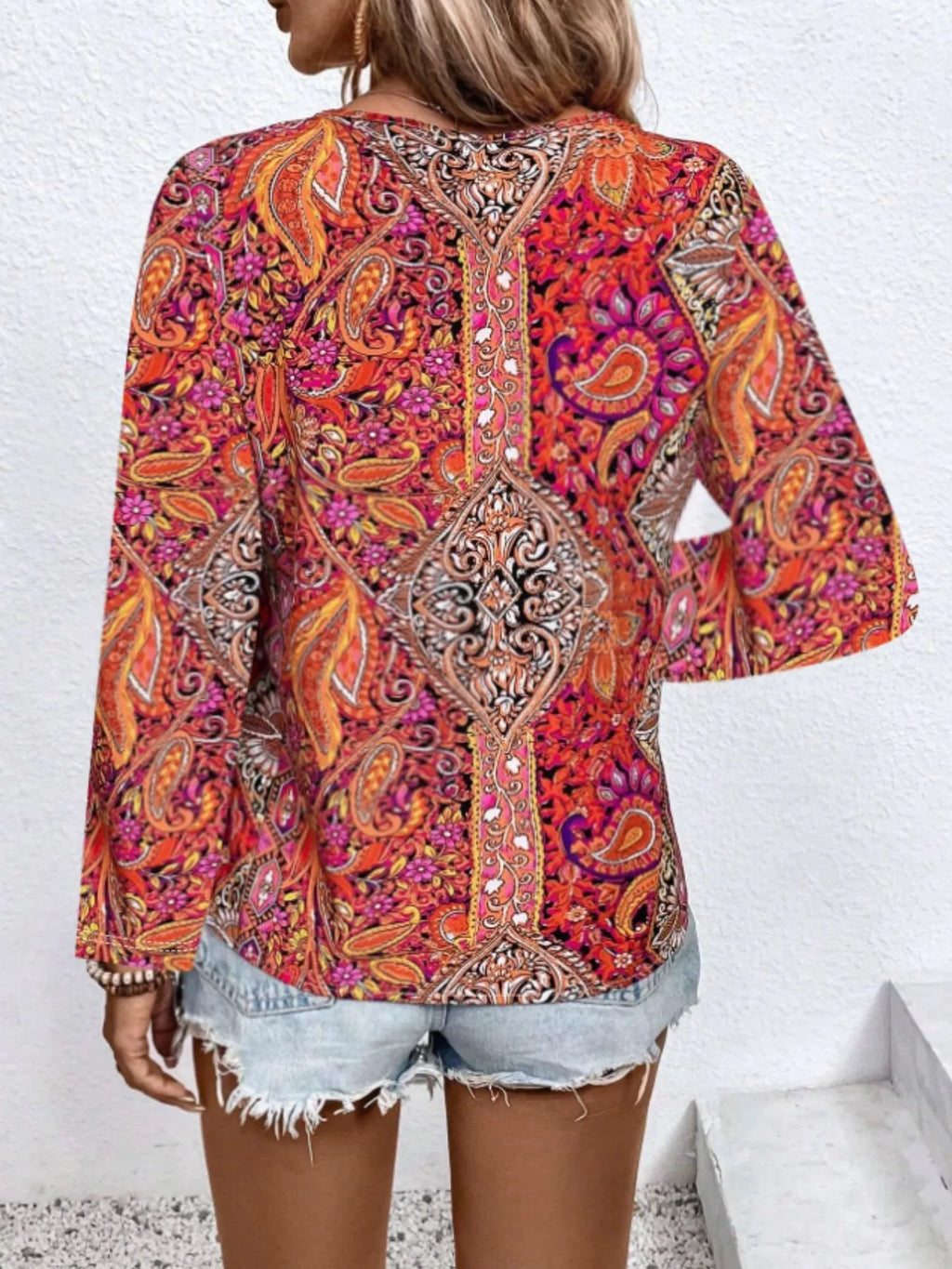 Printed V-Neck Long Sleeve Blouse
