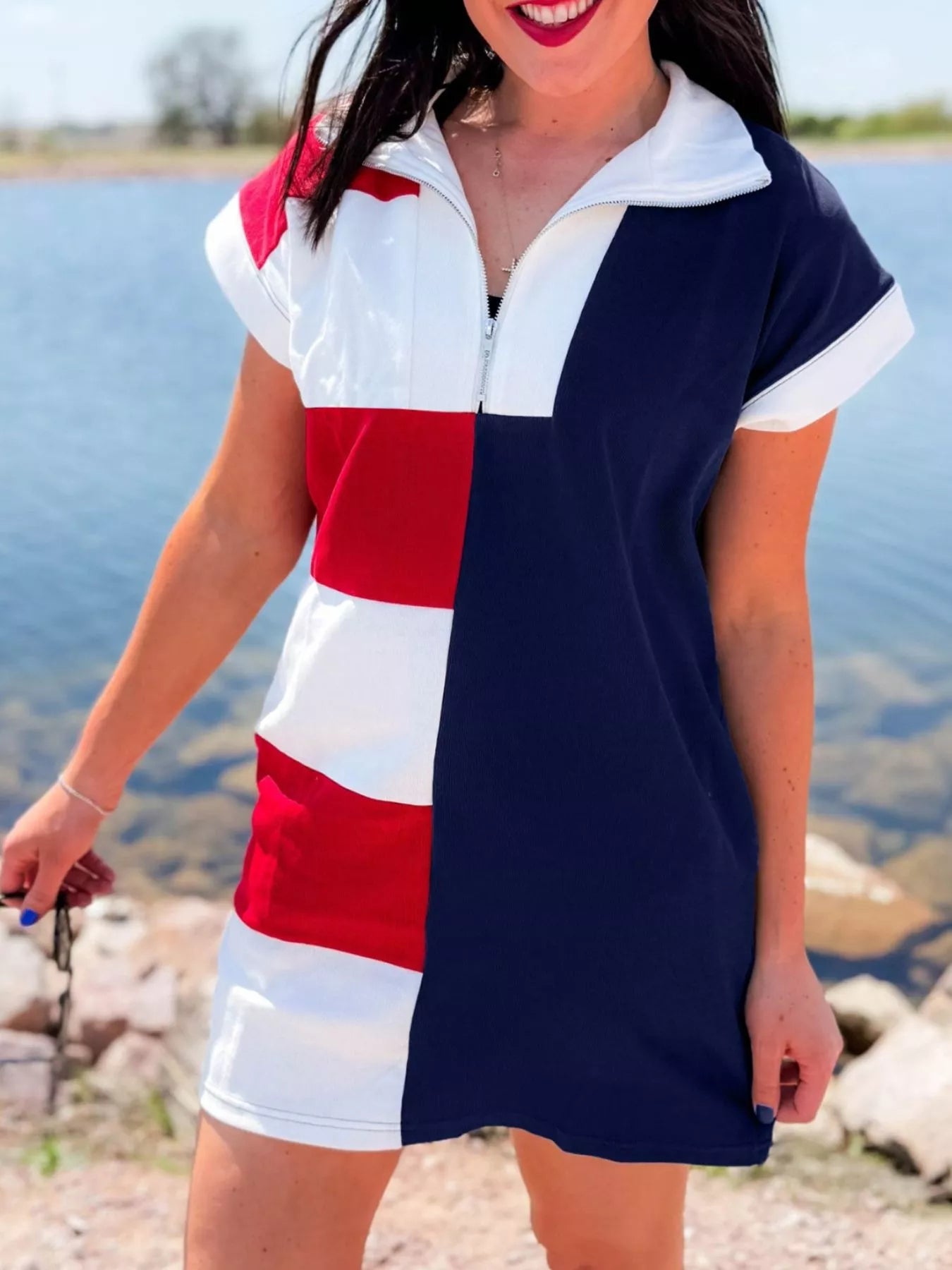 Americana Colorblock Stripes Zip up Collared T Shirt Mini Dress