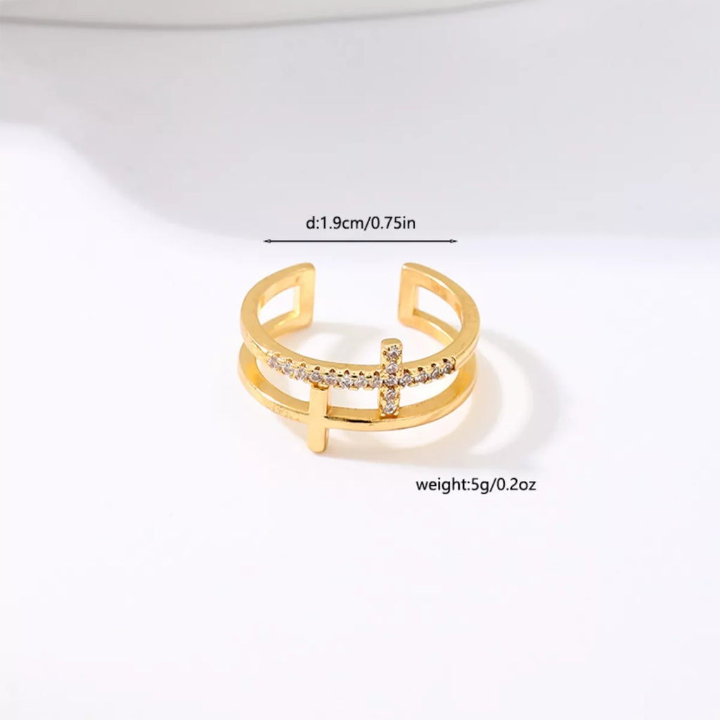 18K Gold-Plated Rhinestone Cross Open Ring