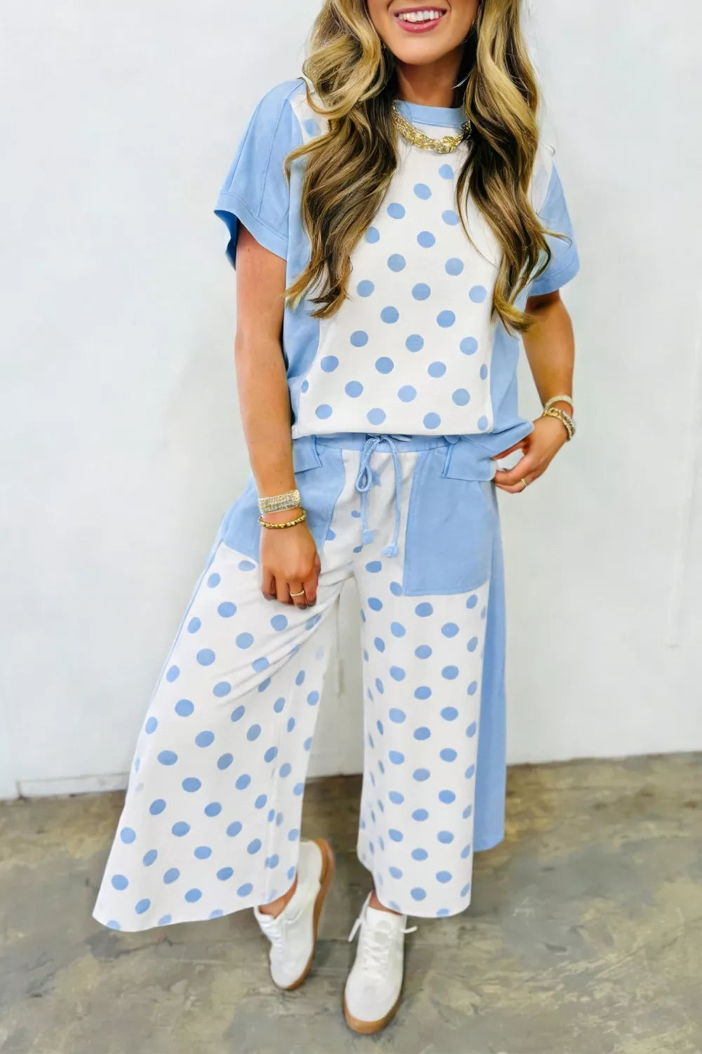 Color Block Patchwork Polka Dot Wide Leg Pant Set