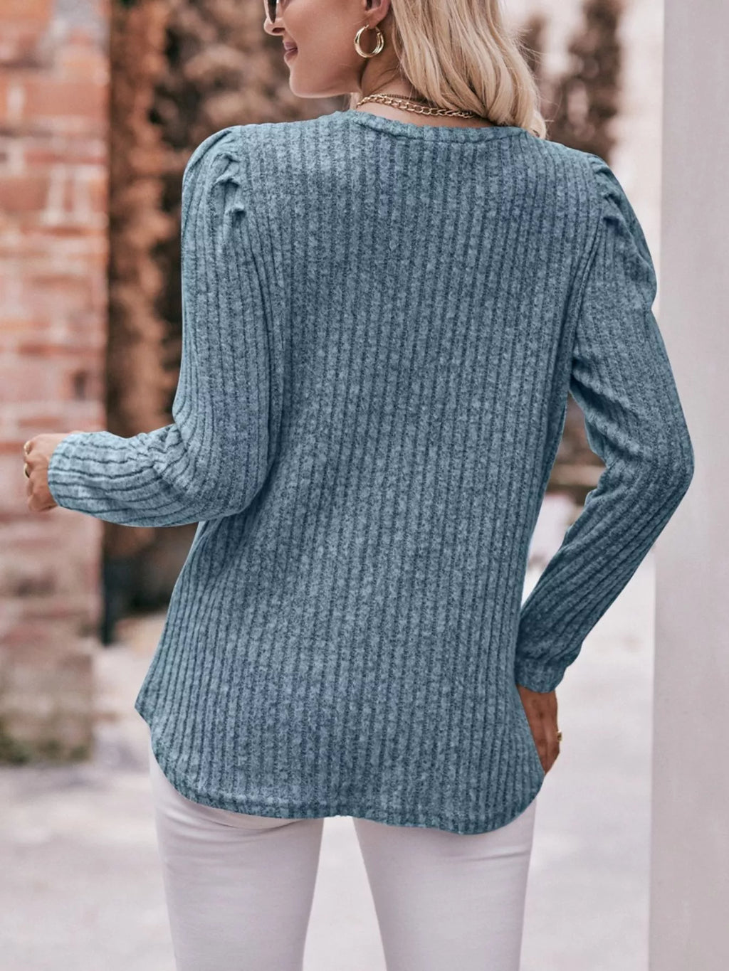 Ribbed Knit Puff Sleeve T-Shirt