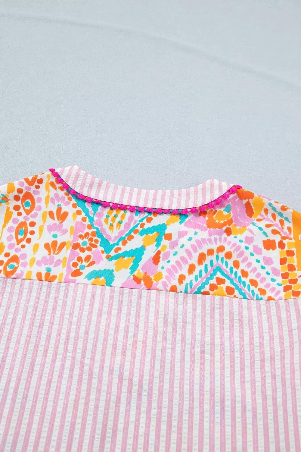 Mixed Print Contrast Trim Striped Patchwork Tiered Short Sleeve Blouse