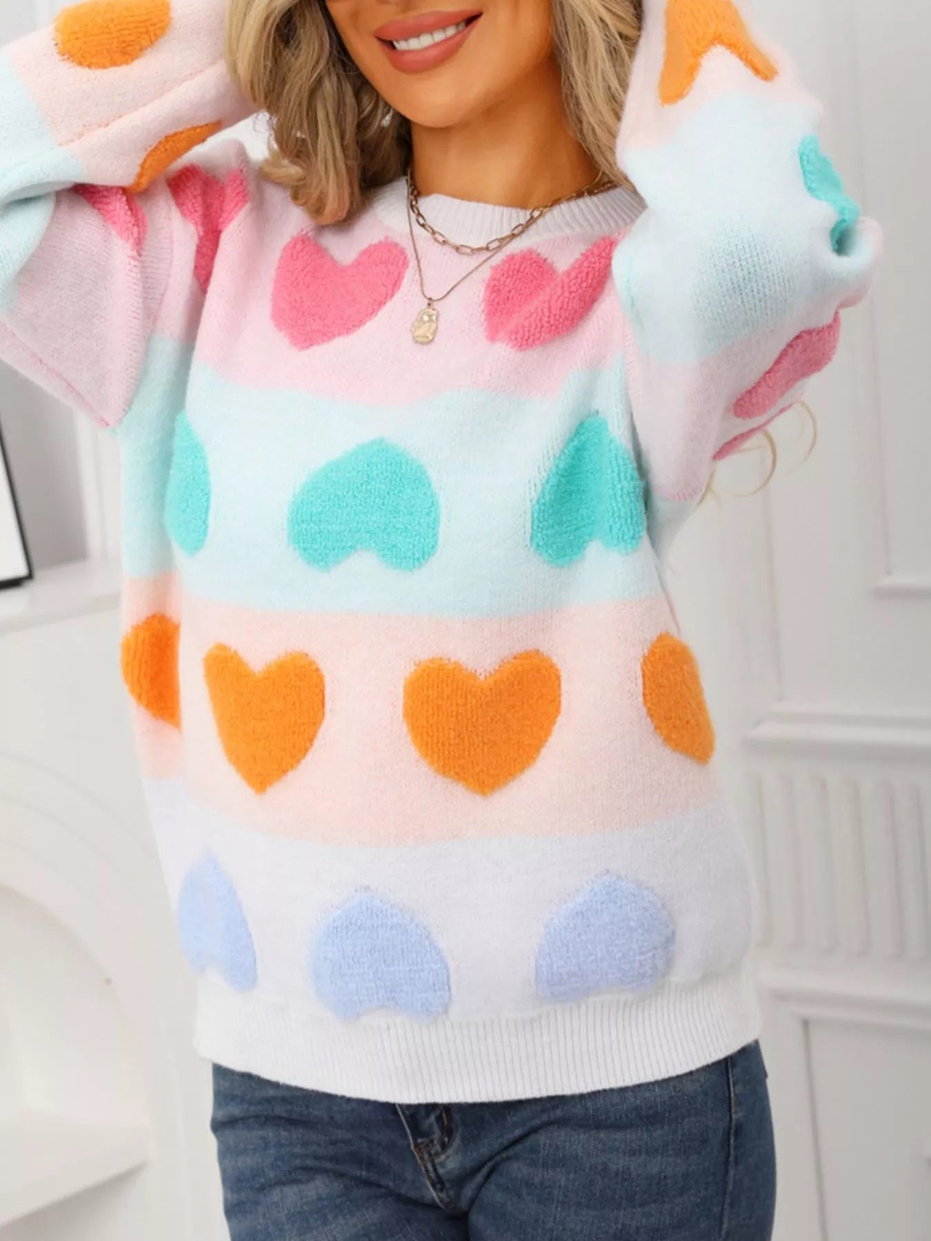 Valentine's Day Heart Pattern Fuzzy Knit Sweater