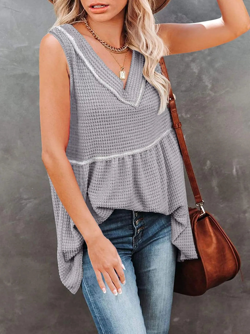 V-Neck Waffle Knit Tank Top with Contrast Stitching