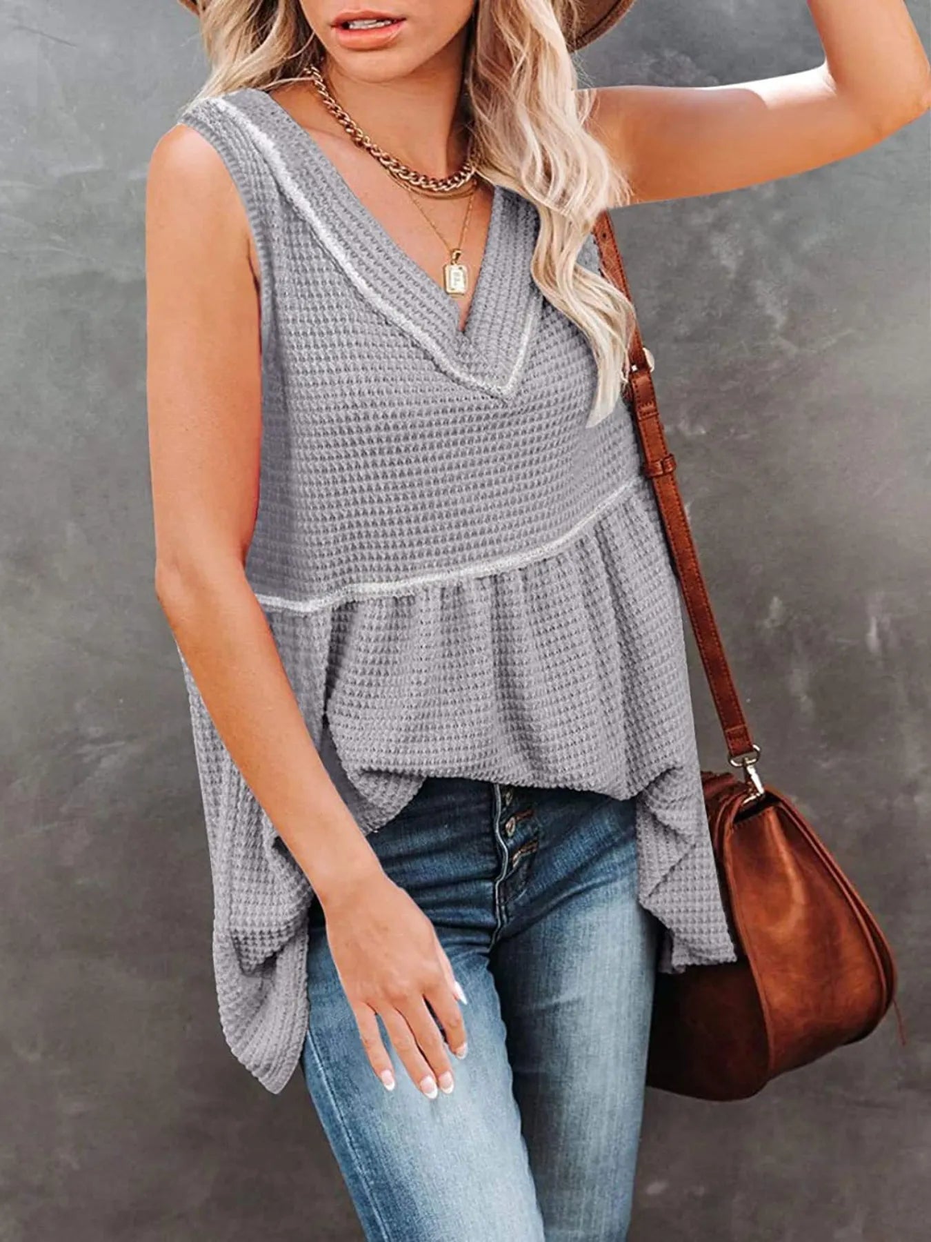 V-Neck Waffle Knit Tank Top with Contrast Stitching