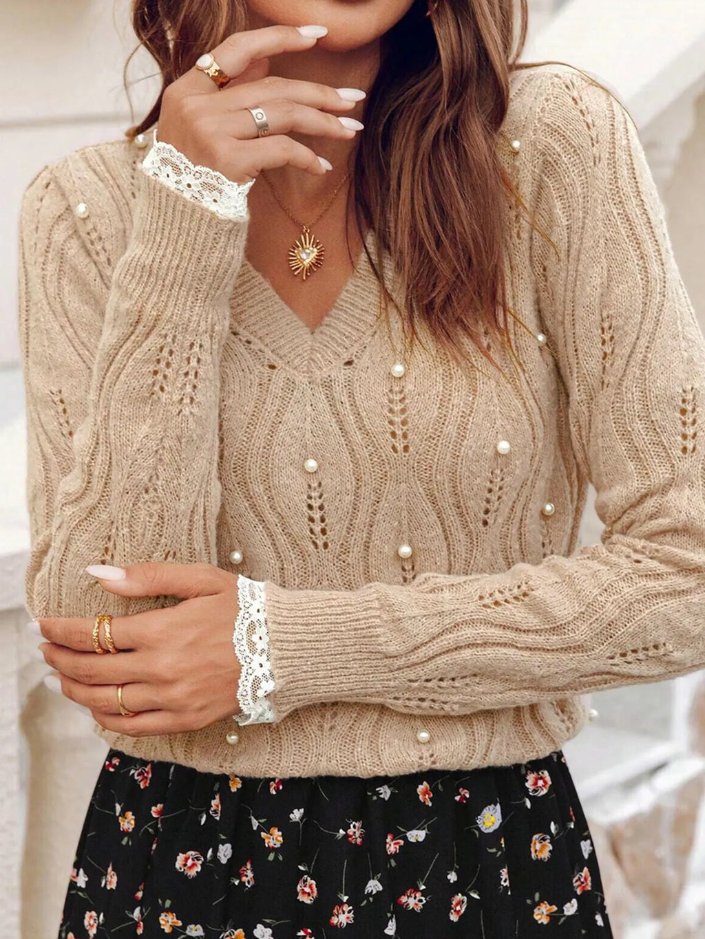 Pearl Beaded Pointelle Knit V Neck Lace Patchwork Sleeve Sweater