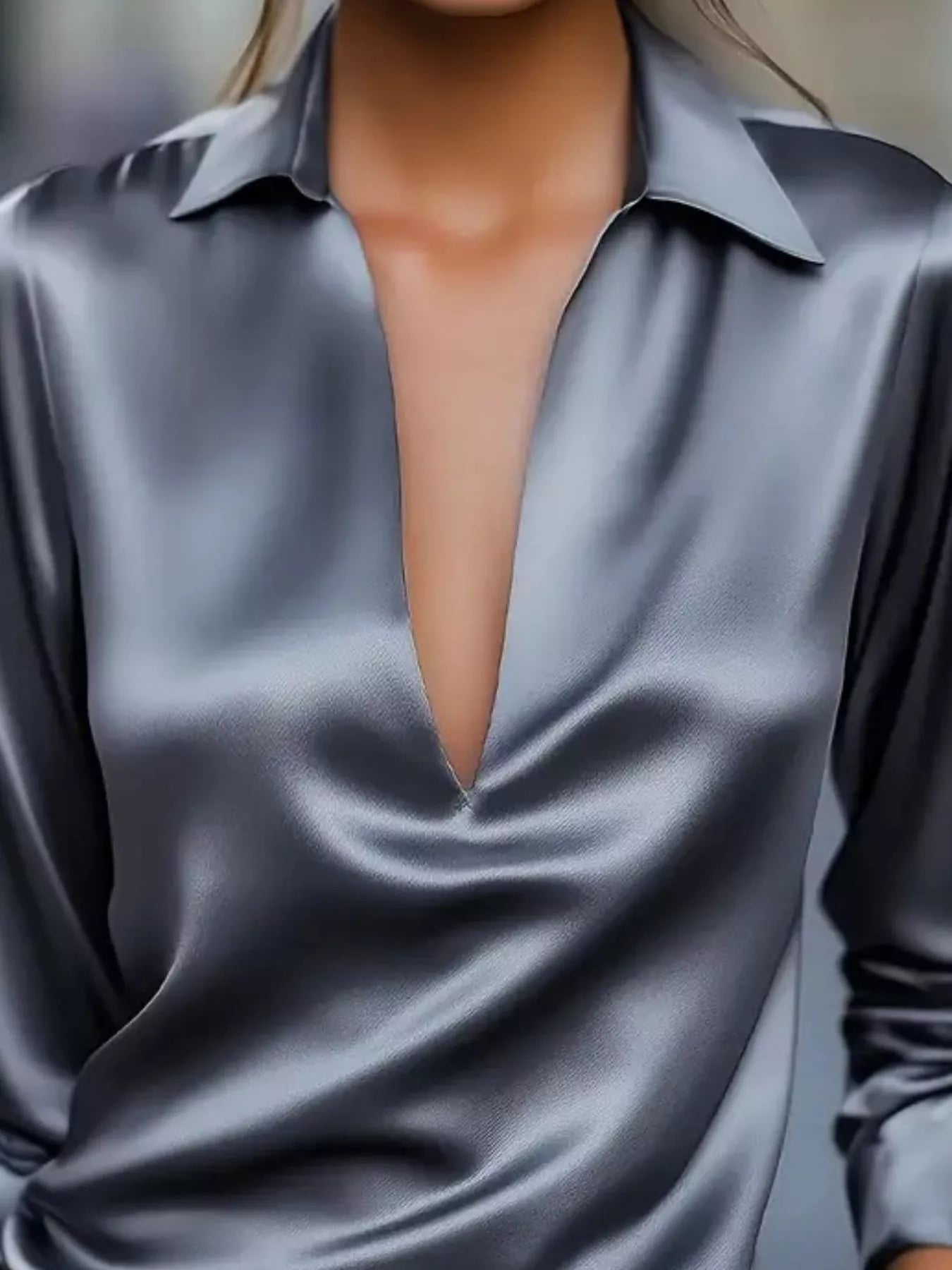 Satin Johnny Collar Long Sleeve Blouse