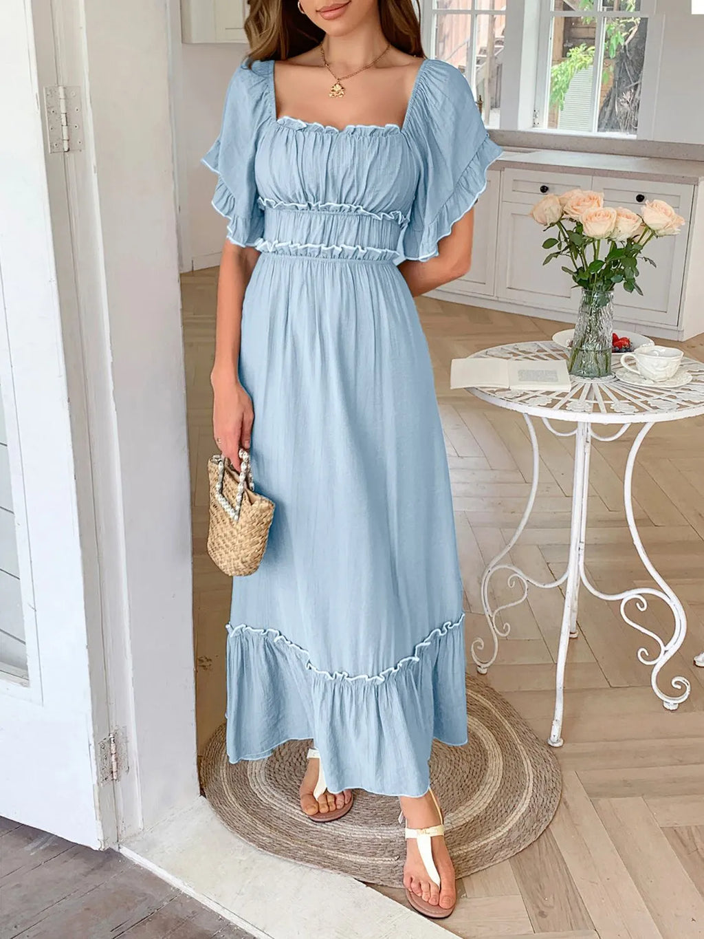 Square Neck Puff Sleeve Ruffle Trim Maxi Dress