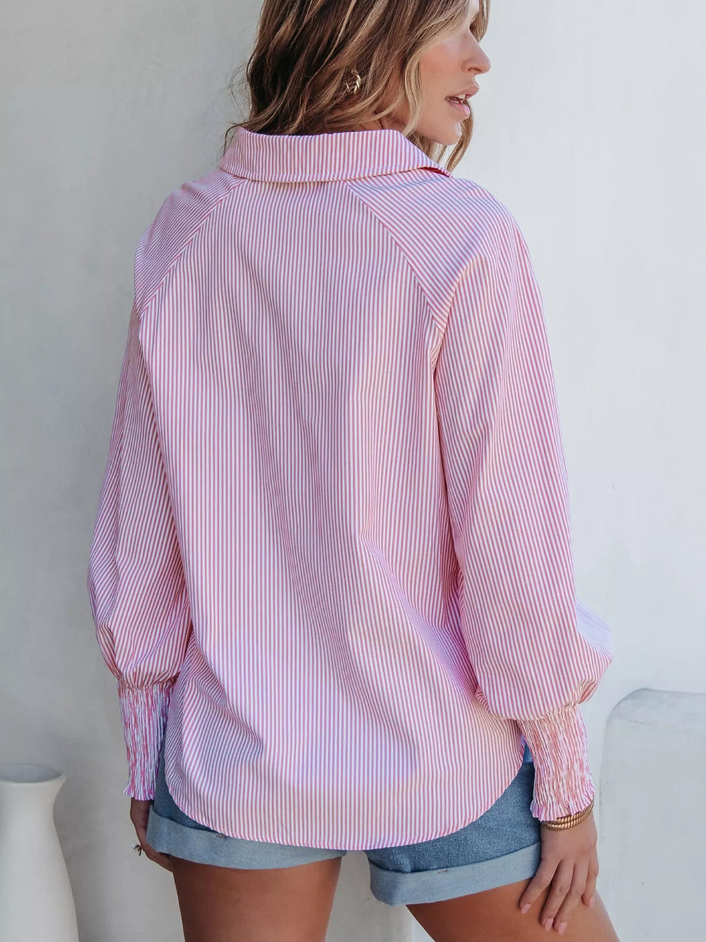Pinstripe Long Sleeve Smocked Cuffs Button Shirt Collar Blouse
