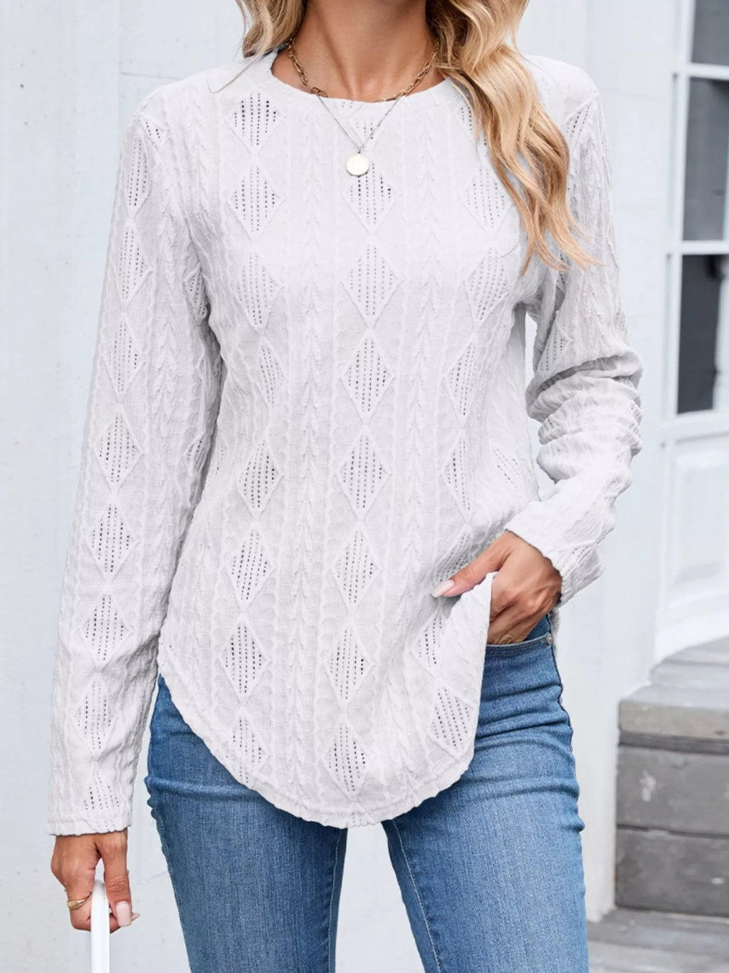 Diamond Pattern Knit Long Sleeve T-Shirt