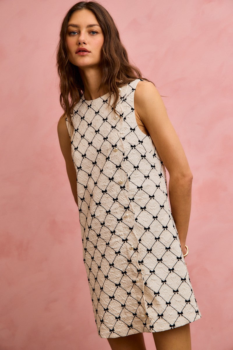 SO ME Ribbon Jacquard Pattern Dress with Scalloped Side