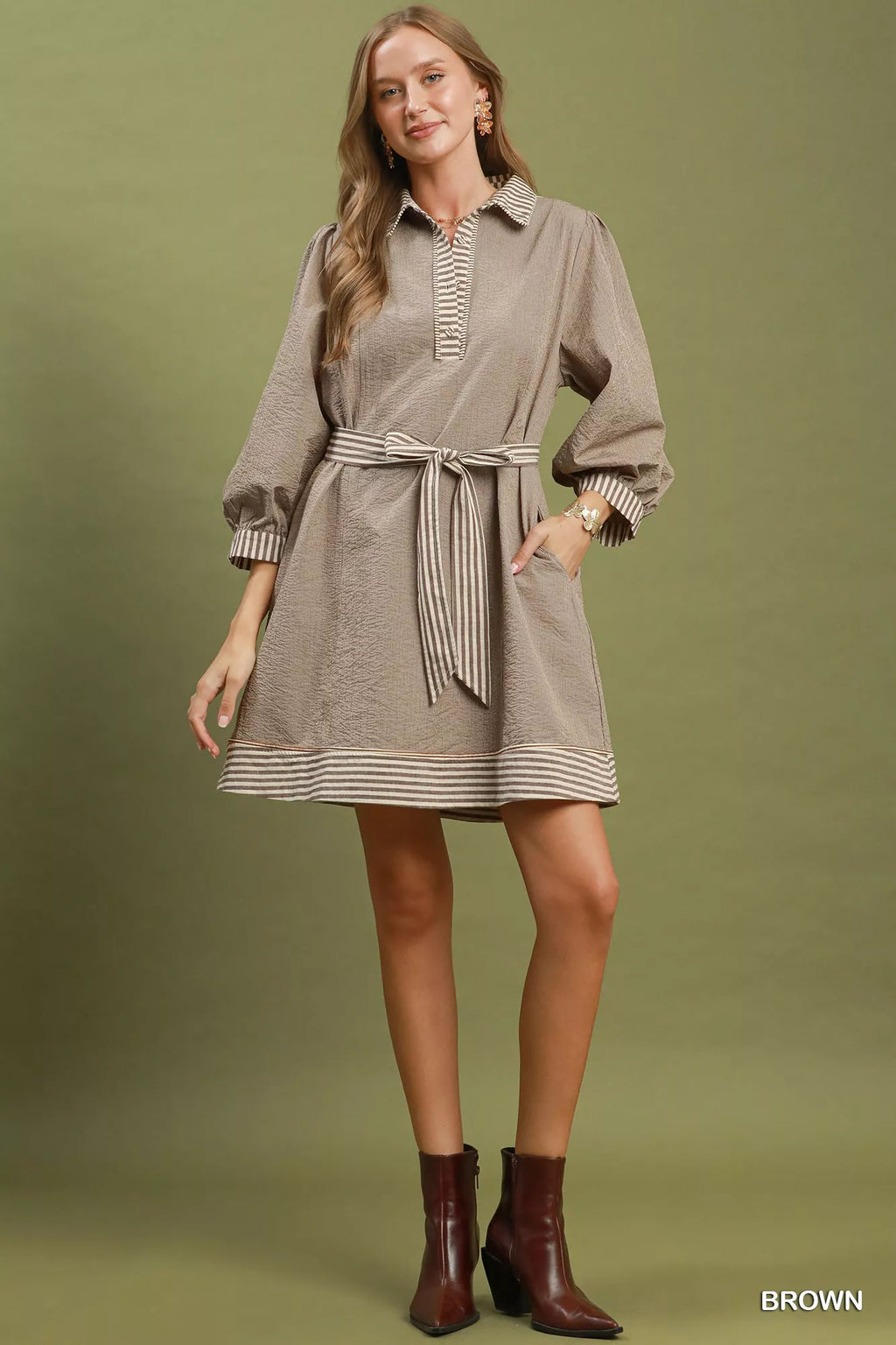 Umgee Striped Contrast Belted Puff Sleeve Mini Dress