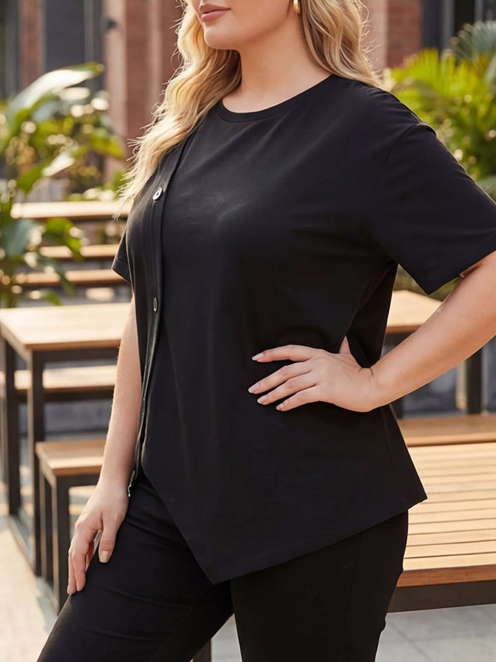 Plus Size Asymmetrical Button Decor Short Sleeve T-Shirt