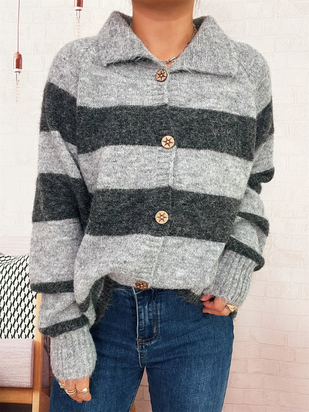 Striped Button-Up Cozy Cardigan
