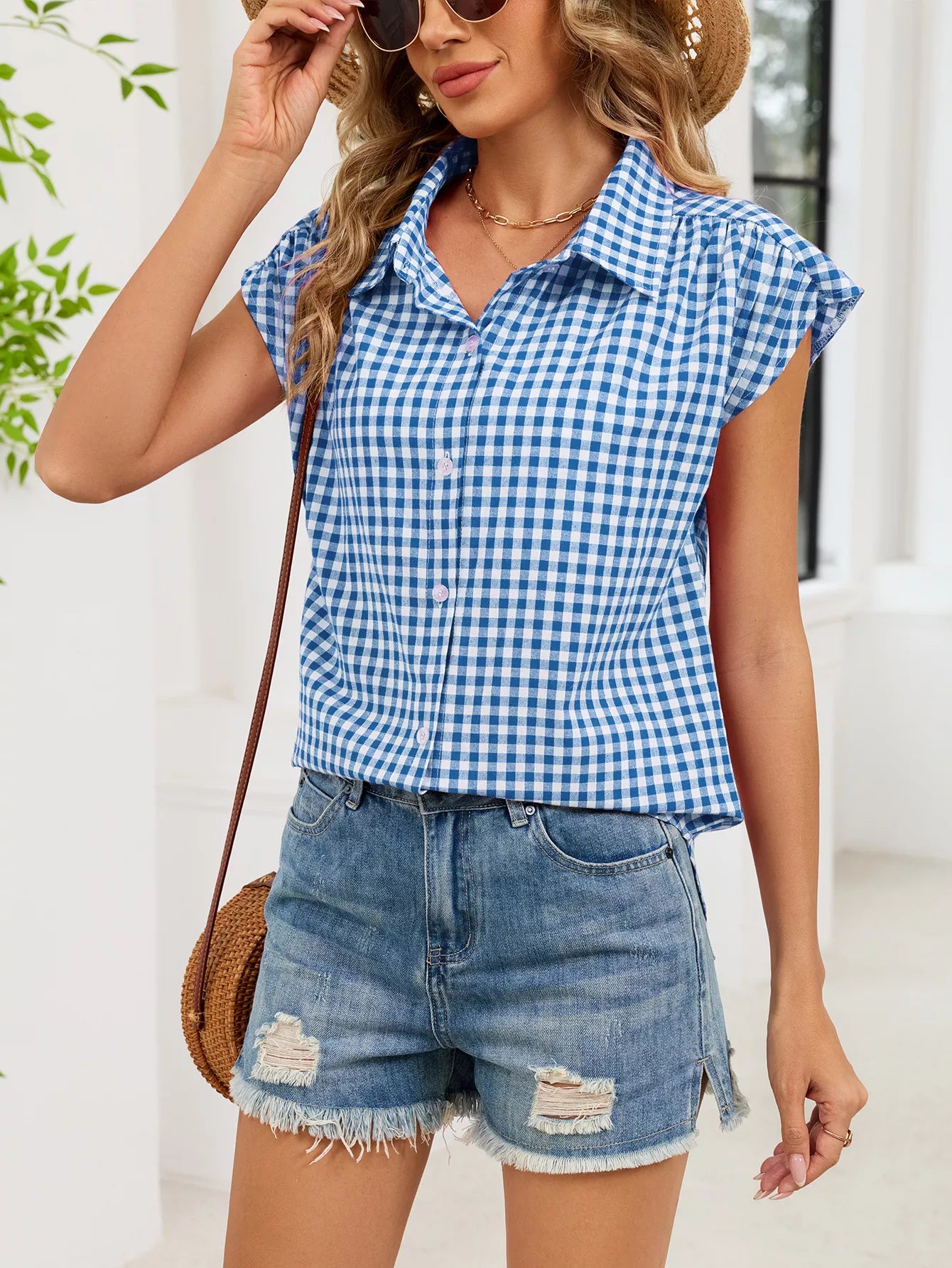 Plaid Button Up Cap Sleeve Shirt