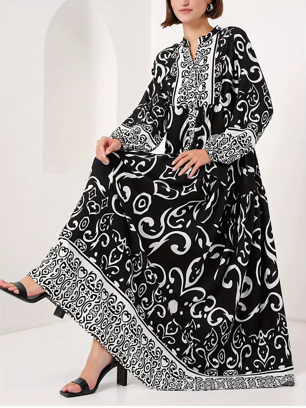 Printed Notched Balloon Sleeve Maxi Dress