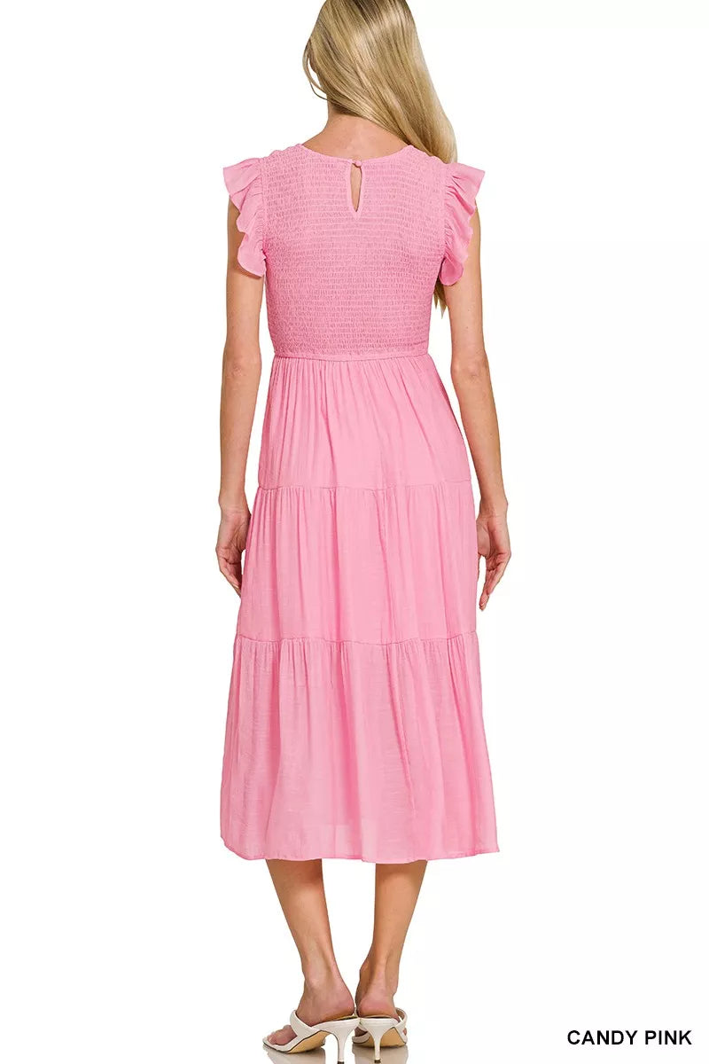 Zenana Woven Smocked Ruffle Sleeve Midi Dress