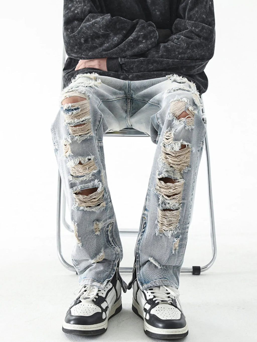 Men's Washed Distressed Straight Jeans