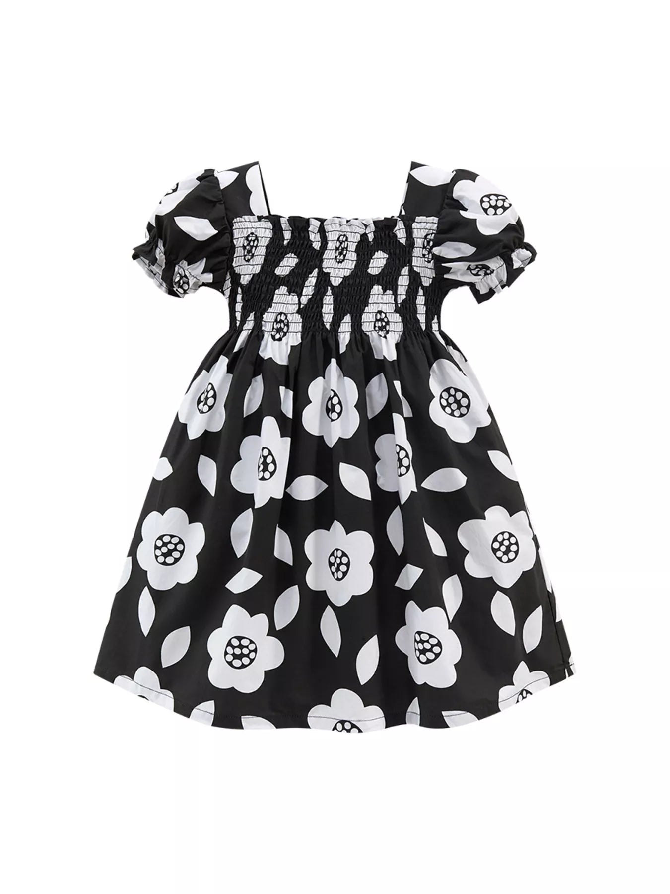 Children's Floral Print Smocked Casual Dress