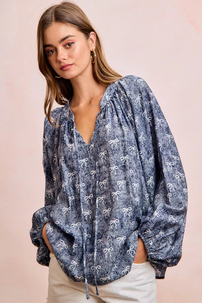 BiBi Ribbon Bow Print Exaggerated Balloon Sleeves Top