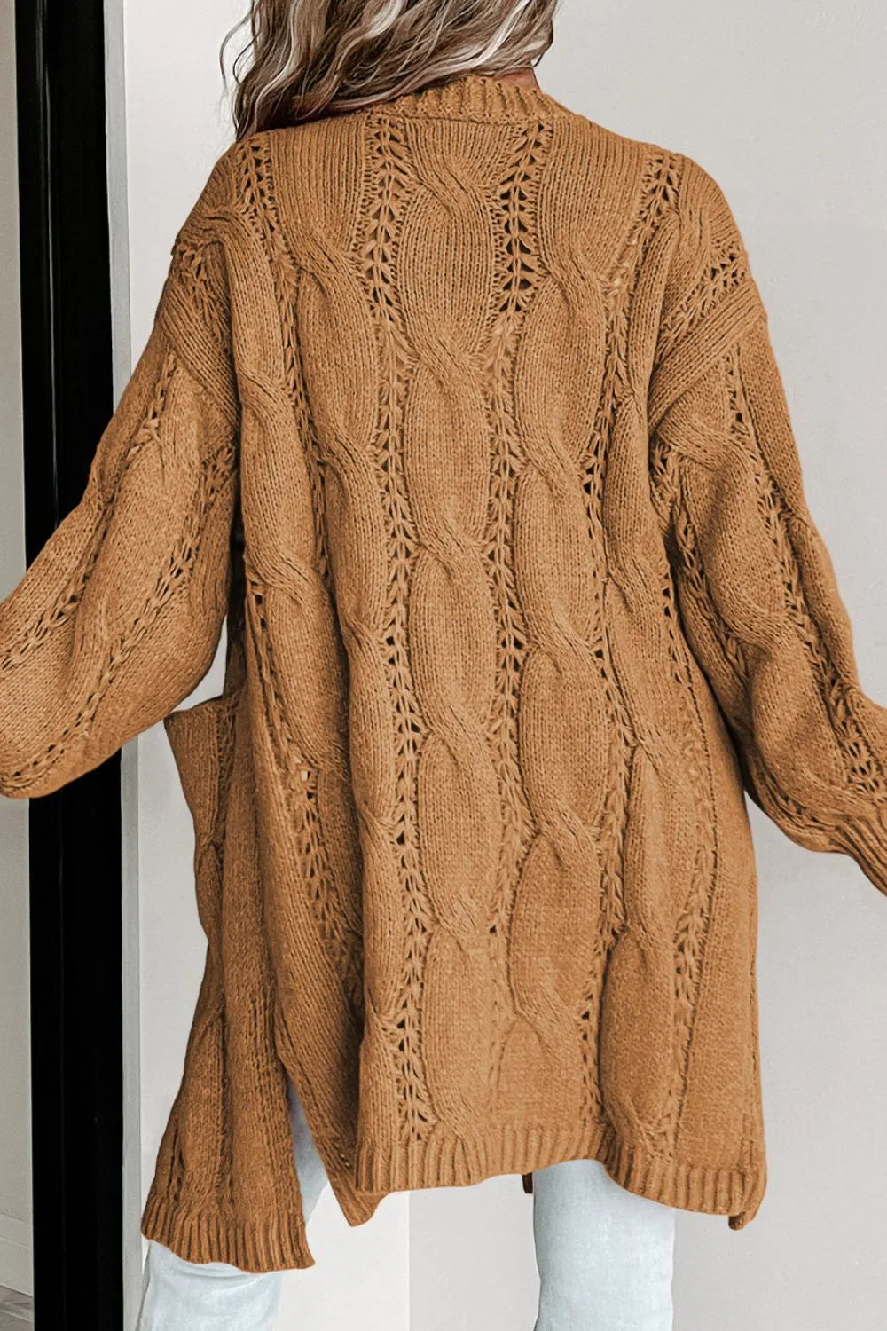 Cable-Knit Dropped Shoulder Slit Cardigan