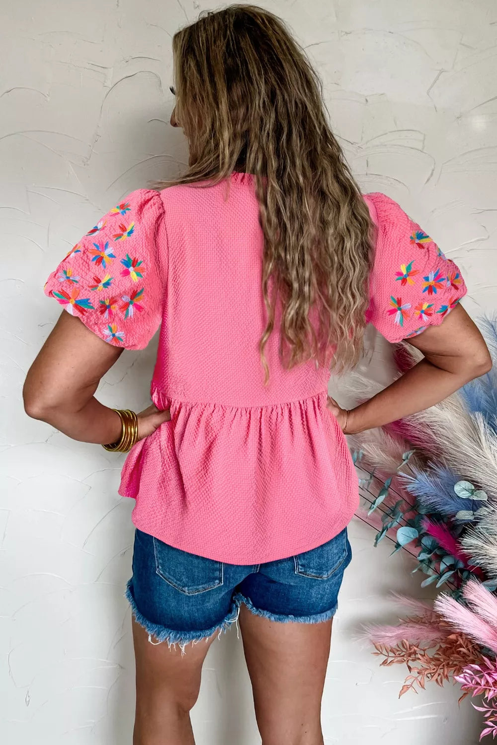 Frilled V Neck Flower Embroidered Puff Sleeve Textured Blouse