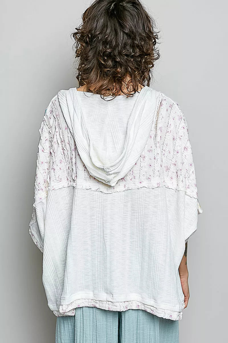 POL Floral Star Patch Hooded Blouse with Lace Contrast Detail
