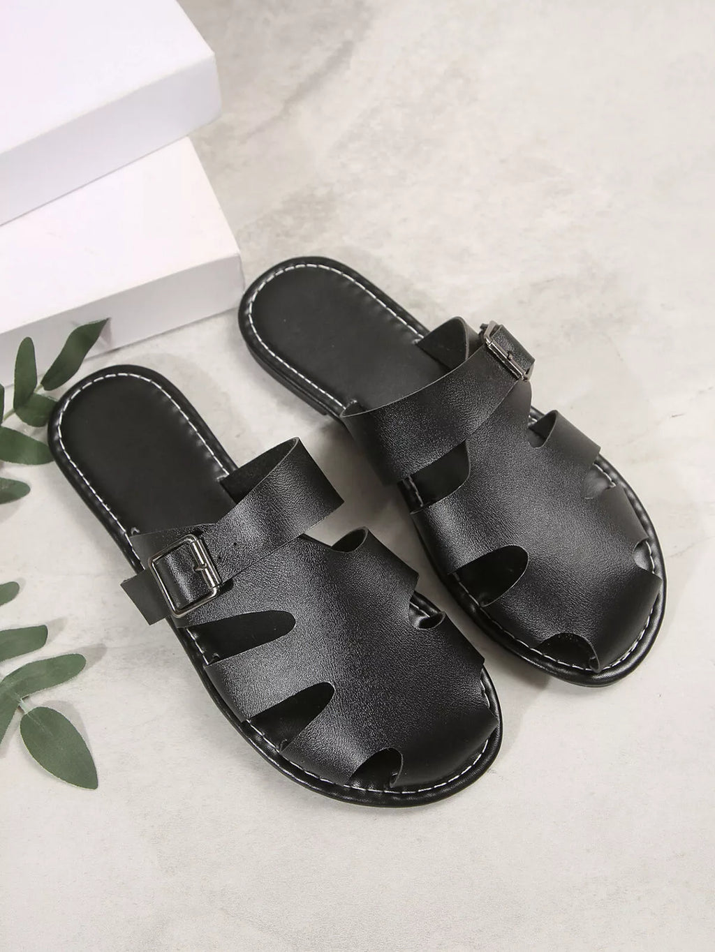 Comfortable Slip-On Leather Sandals with Adjustable Buckle