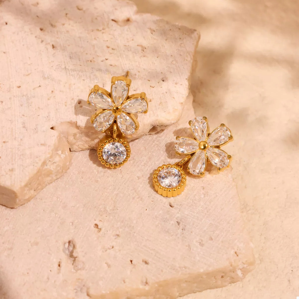 18K Gold-Plated Stainless Steel Zircon Flower Drop Earrings
