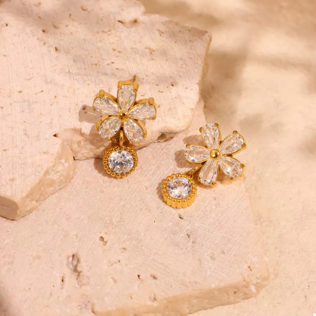18K Gold-Plated Stainless Steel Zircon Flower Drop Earrings
