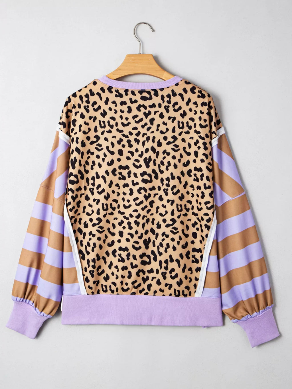 Stripe Color Block Patchwork Leopard Casual Sweatshirt with Slits