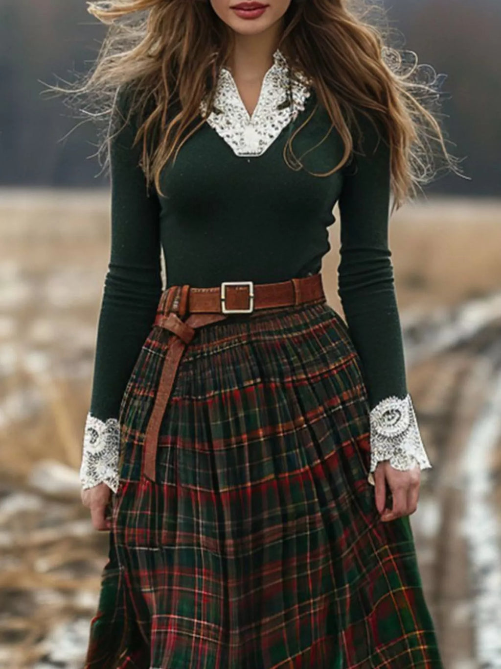 Plaid Maxi Dress with Lace Trim