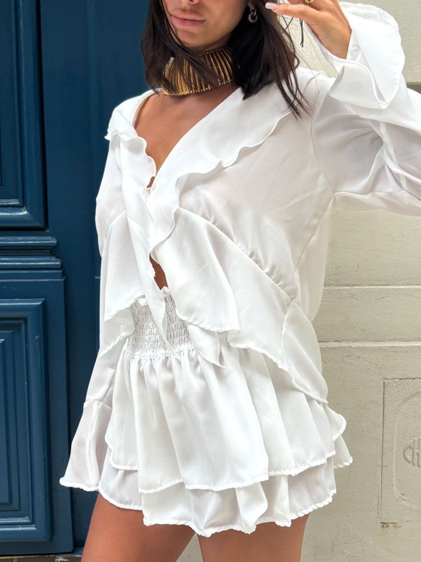 Ruffle Trim Top and Skirt Two-Piece Set