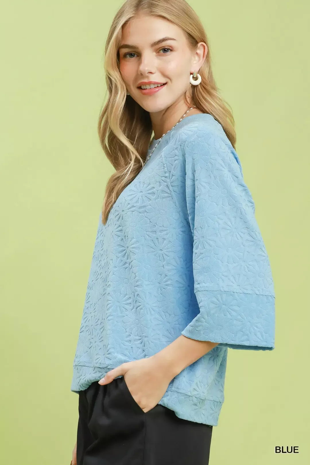 Umgee Round Neck Textured Floral Terry Blouse