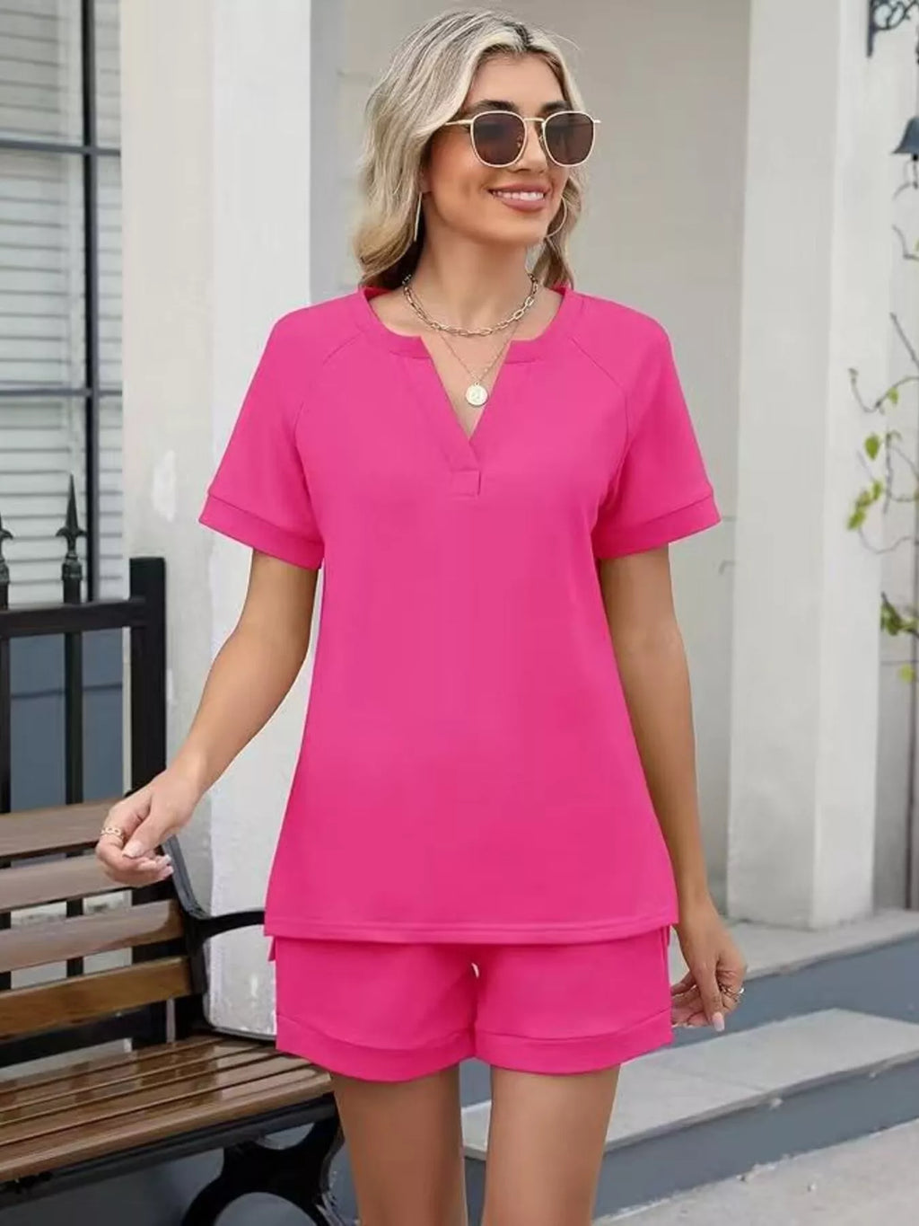 Solid Color Short Sleeve Top and Shorts Two-Piece Set