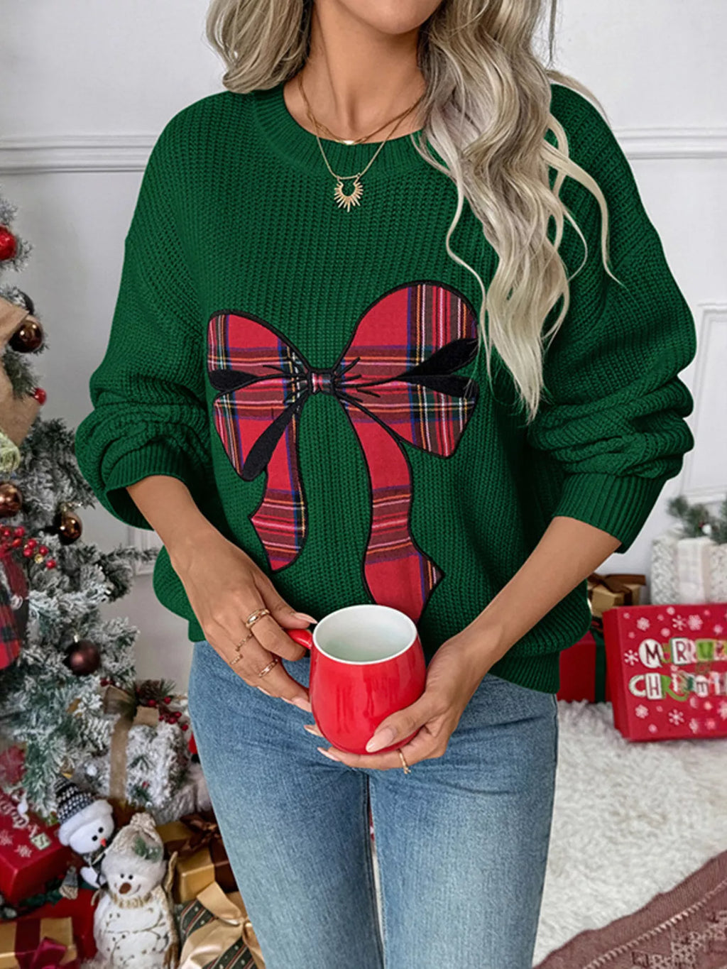 Plaid Bow Round Neck Christmas Sweater