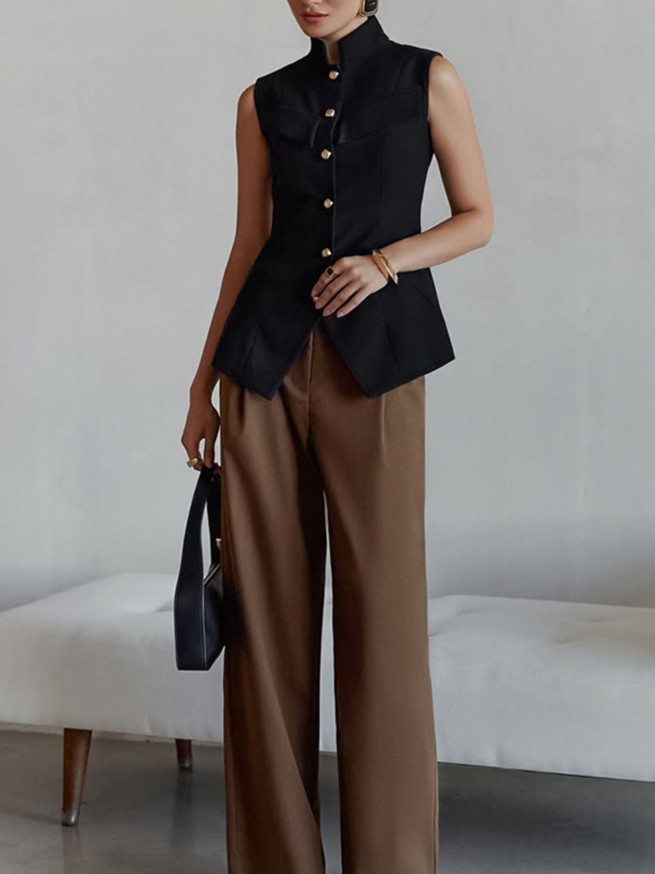 Stand Collar Button-Down Vest Coat