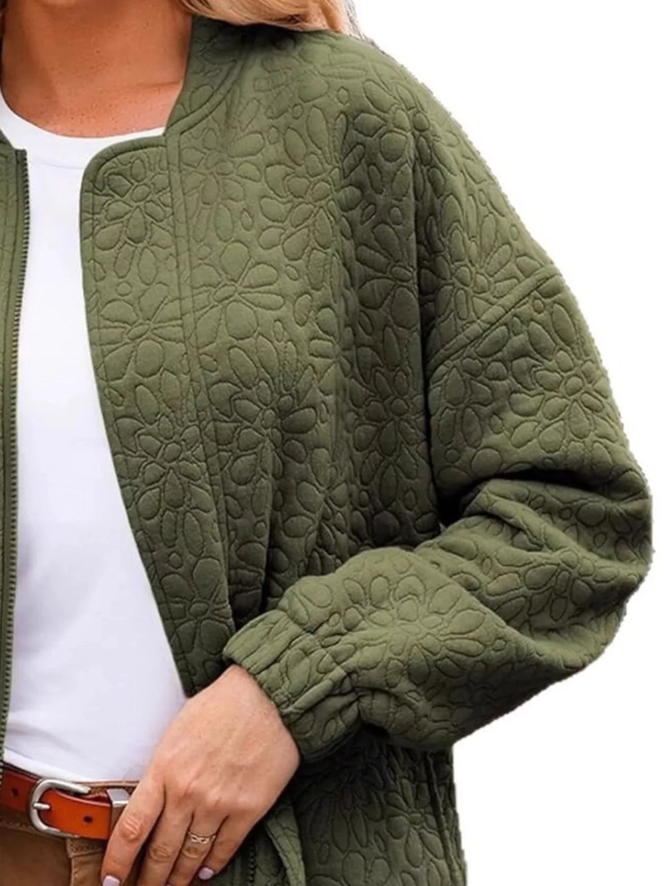 Full Size Floral Quilted Zip Up Jacket Plus Size