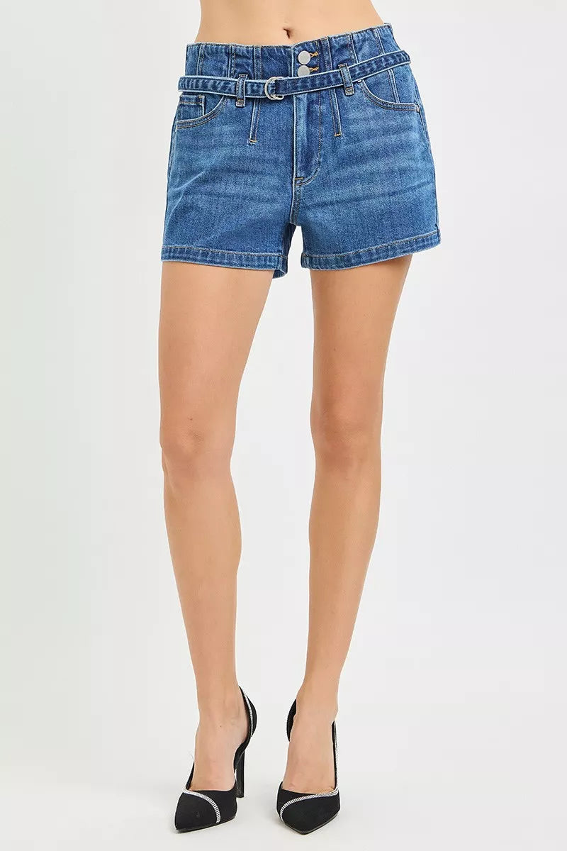 RISEN Double Button Slouchy Denim Shorts with Belt