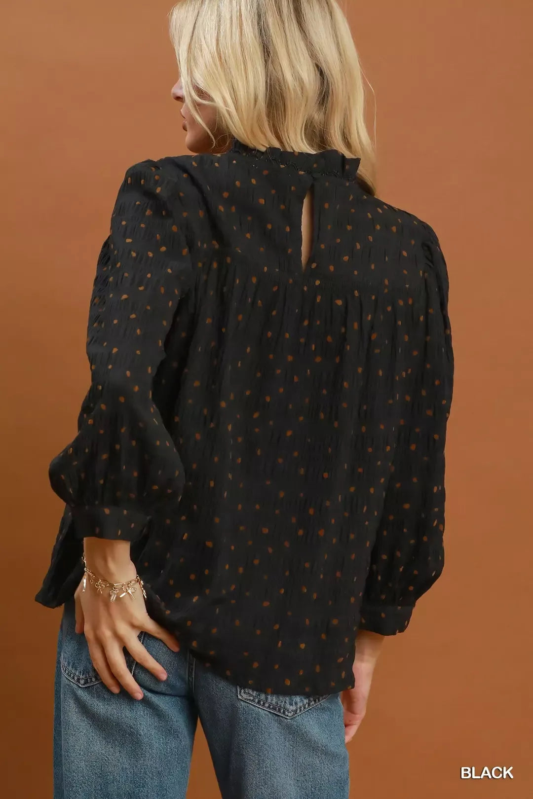 Umgee Polka Dot Smocked Detail Puff Sleeve Blouse