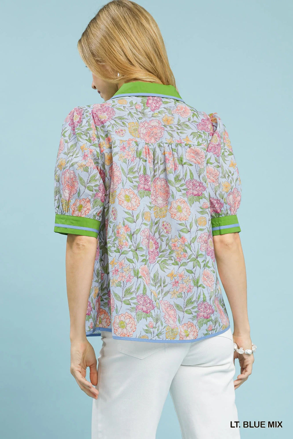 Umgee Mix Floral Puff Sleeve Blouse with Contrast Trim