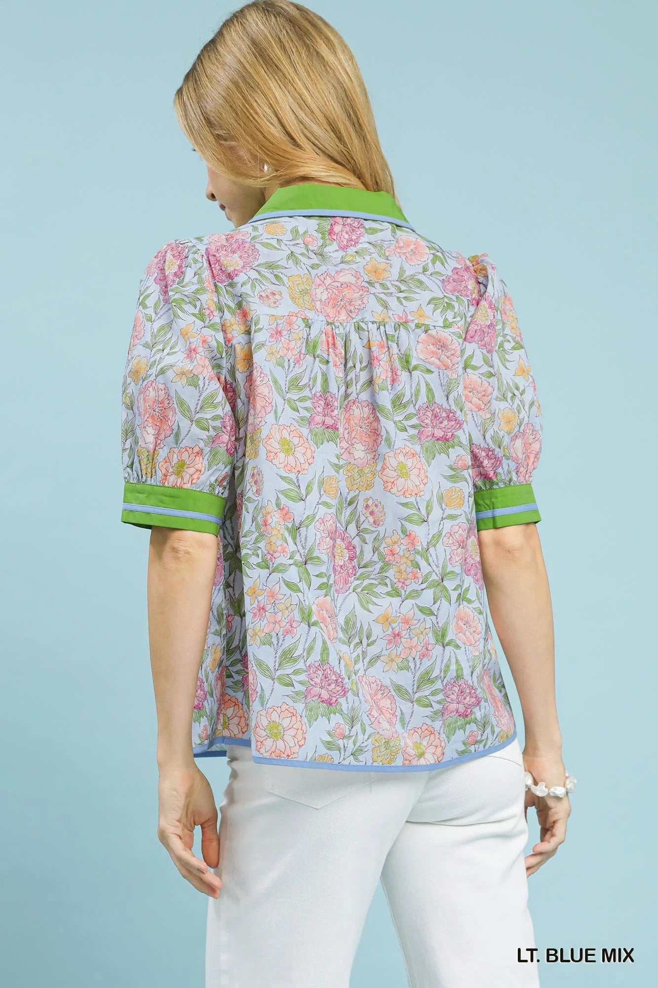 Umgee Mix Floral Puff Sleeve Blouse with Contrast Trim