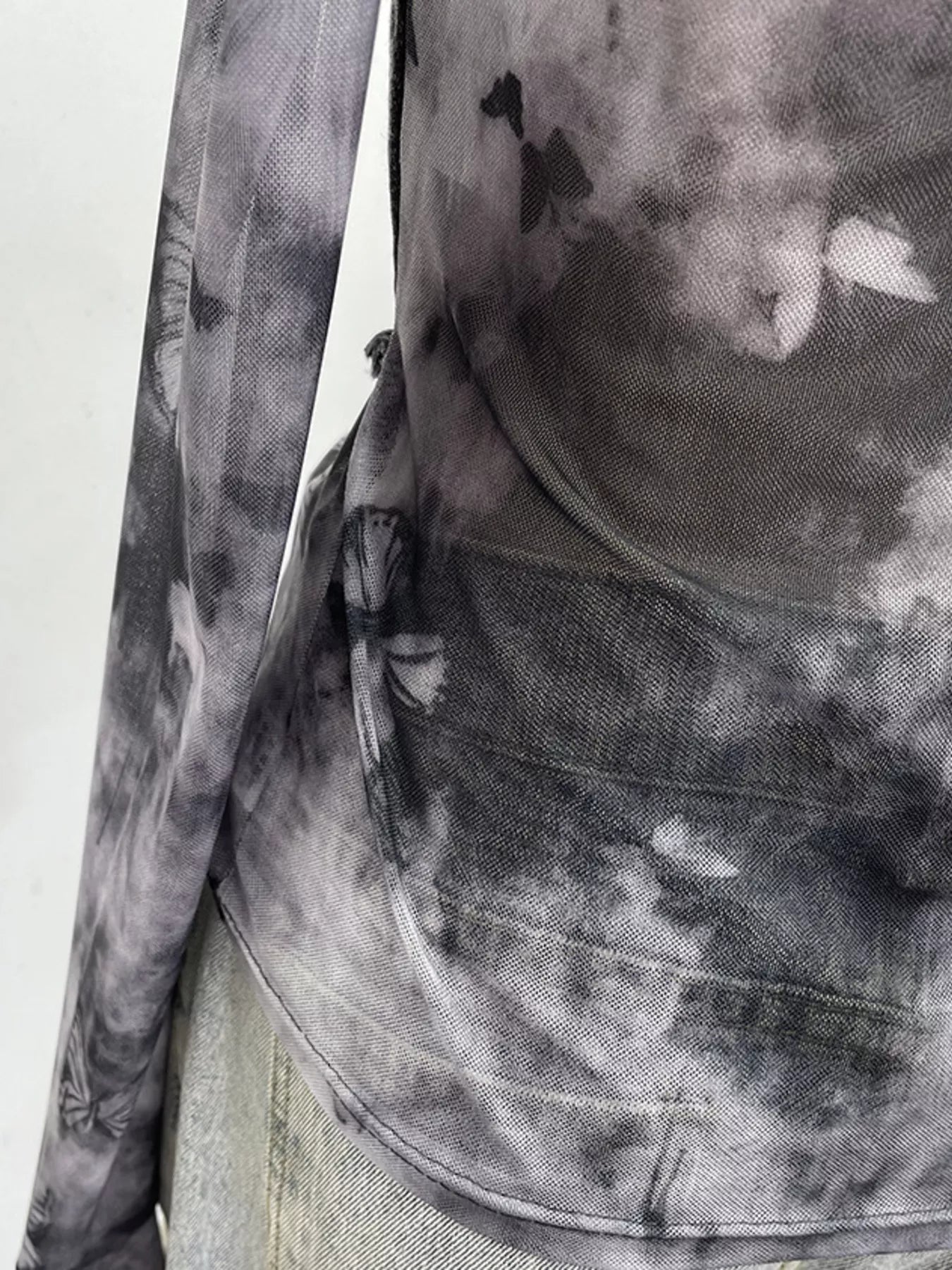 Asymmetrical Neck Denim Patchwork Top