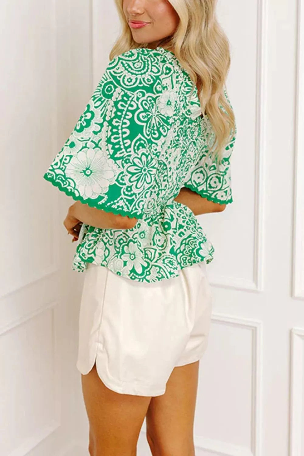 Flirty Floral Smocked V Neck Blouse